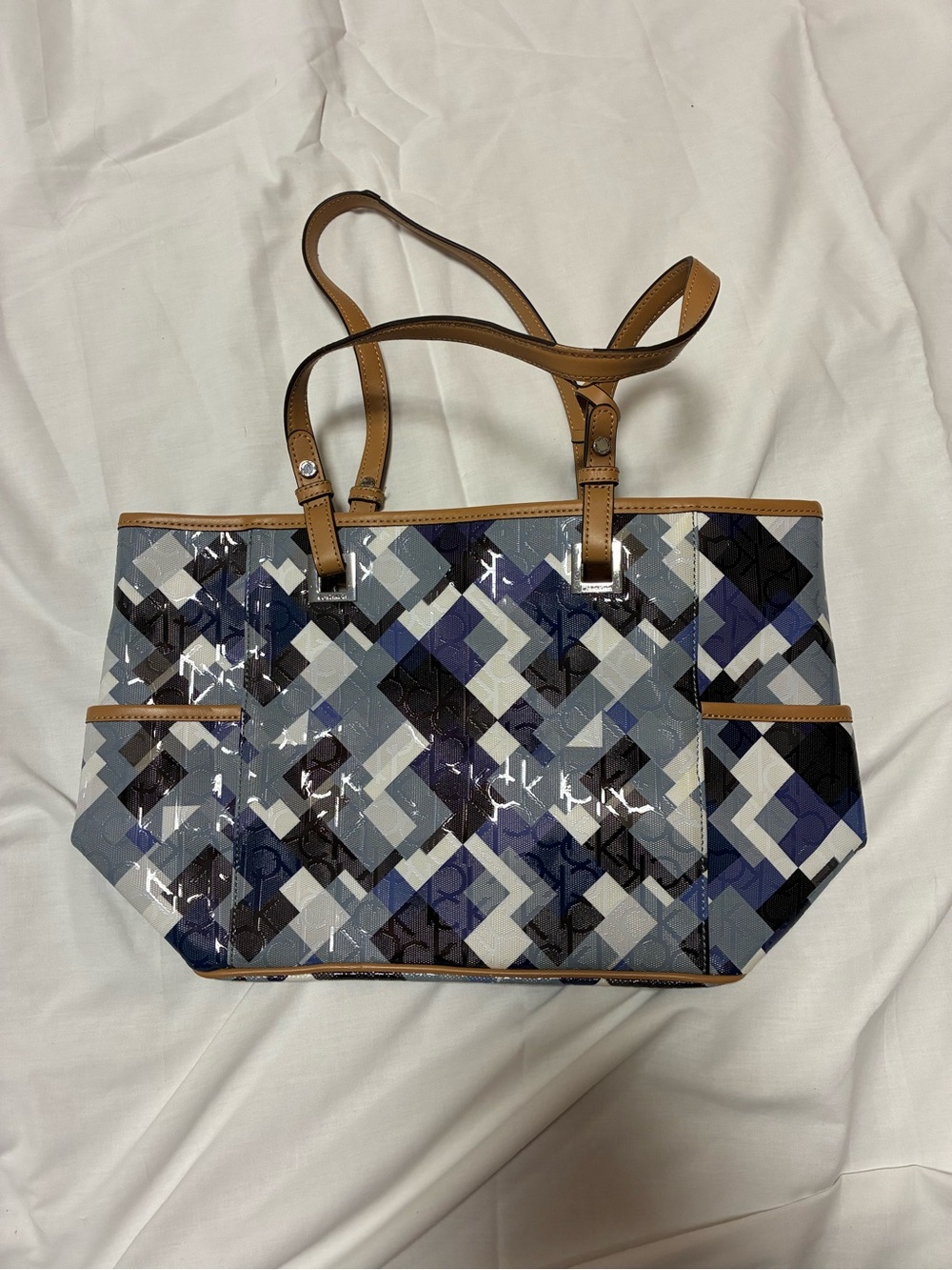 Calvin Klein Geometric Navy and Tan Patent Tote
